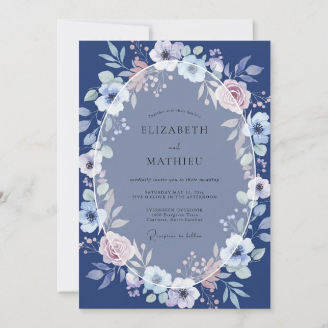 Navy Delicate Blossom Romance Wedding Invitation (Front)