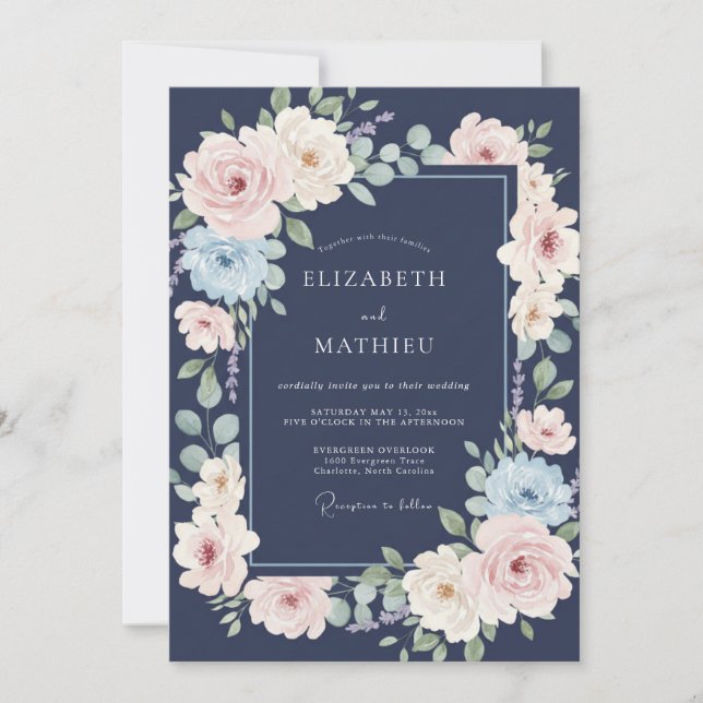 Navy Delicate Floral Wedding Invitation (Front)