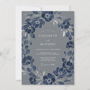 Navy Delicate Floral Wreath Wedding Invitation