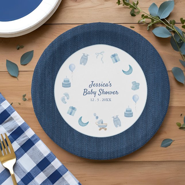 Navy Denim Blue Jean Baby Shower  Paper Plate (Creator Uploaded)