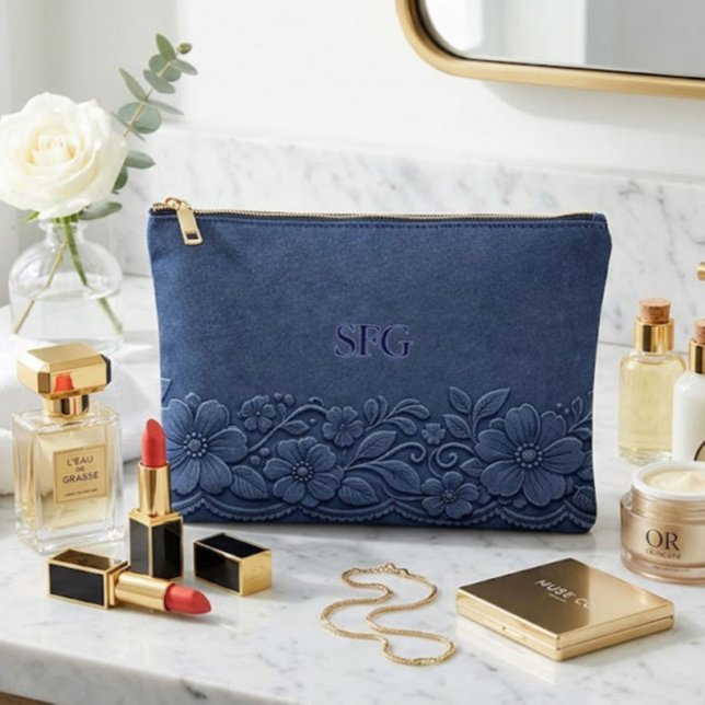 Navy Denim Floral Monogram Design Accessory Pouch (Creator Uploaded)