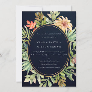 NAVY DESERT SUCCULENT CACTI FOLIAGE COUPLE SHOWER INVITATION