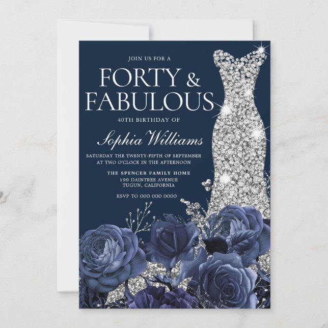 Navy Diamond Dress Forty & Fabulous 40th Birthday Invitation (Front)