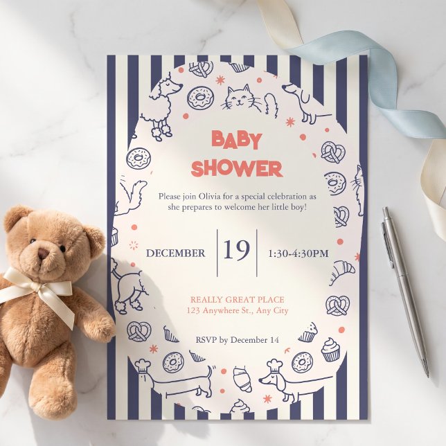 Navy Dog Cat Bakery Baby Shower Invitation (Creator Uploaded)