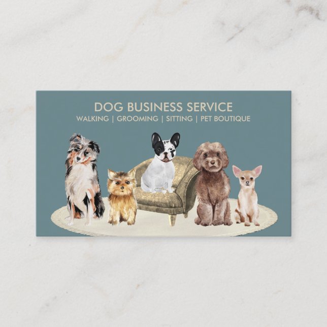 Navy Dogs Walking Chair Sitting Pet Groom Boutique Business Card (Front)