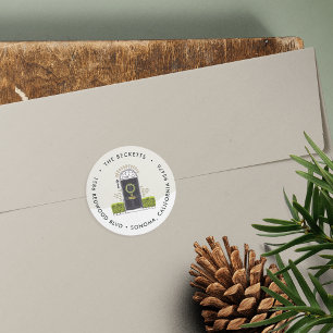 Navy Door Holiday Return Address Classic Round Sticker