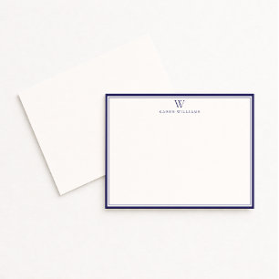 Navy Double Border Monogram Off-White Note Card