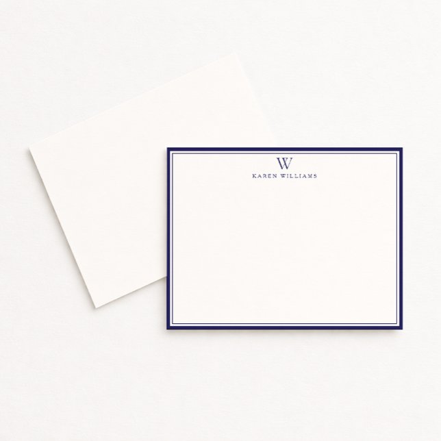 Navy Double Border Monogram Off-White Note Card (Creator Uploaded)