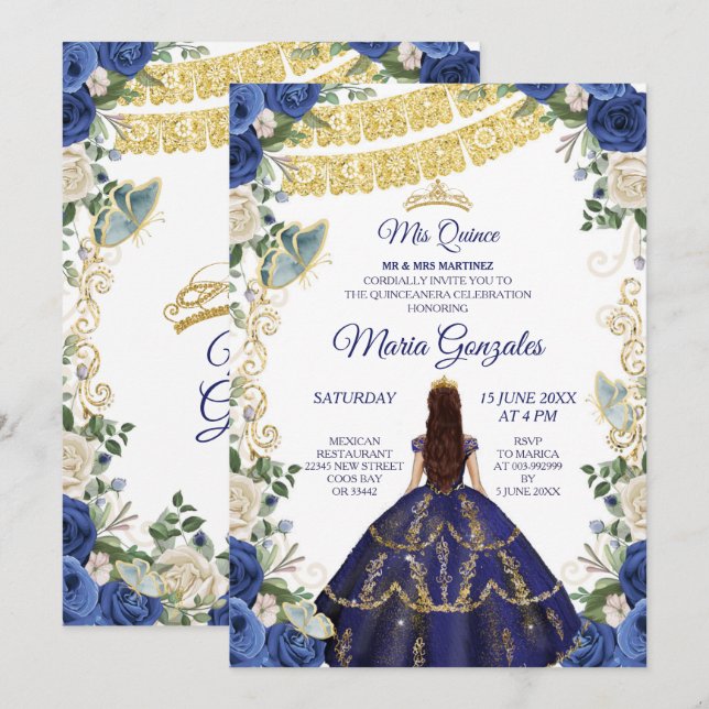 Navy Dress and Roses Mexican Girl 15th Birthday 1 Invitation (Front/Back)