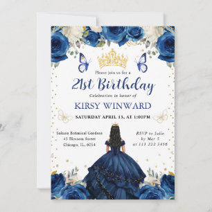 Navy Dress Black Hair Princess Birthday Invitation