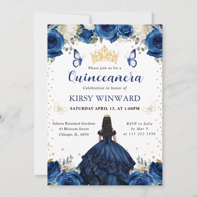 Navy Dress Black Hair Princess Quinceanera Invitation (Front)