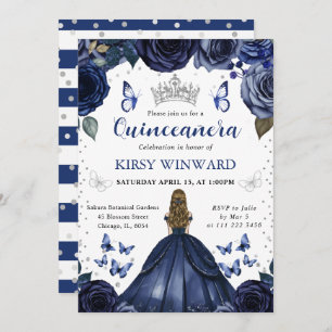 Navy Dress Blonde Hair Princess Quinceanera Invitation
