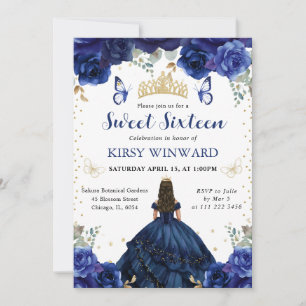 Navy Dress Brunette Hair Princess Sweet 16 Invitation