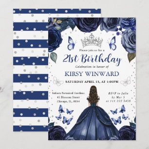 Navy Dress Brunette Princess Birthday Invitation
