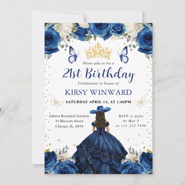 Navy Dress Brunette Salon Princess Birthday Invitation (Front)