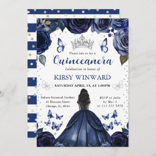 Navy Dress Dark Skin Princess Quinceanera Invitation