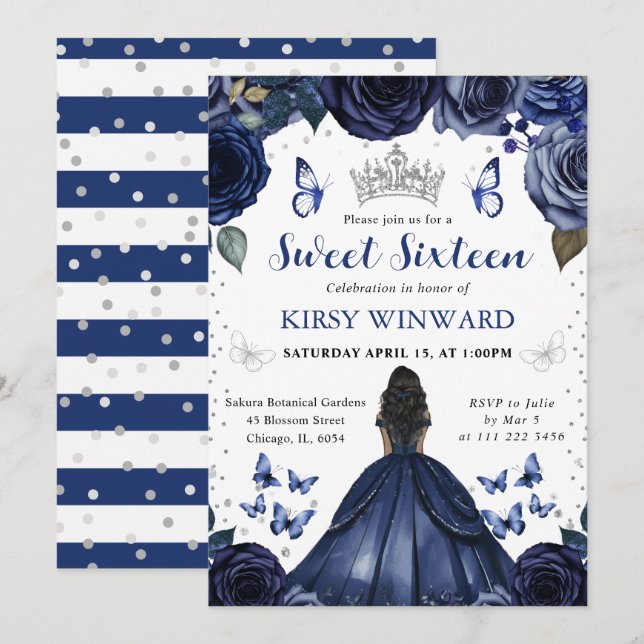 Navy Dress Dark Skin Princess Sweet 16 Invitation (Front/Back)