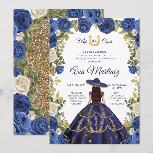 Navy Dress & Roses Mexican Girl Mis Quince 2 Invitation (Front/Back)
