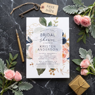 Navy Dusty Blue Blush Floral Gold Bridal Shower Invitation