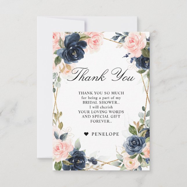 Navy Dusty Blue  Blush Geometric Bridal Shower Thank You Card (Front)