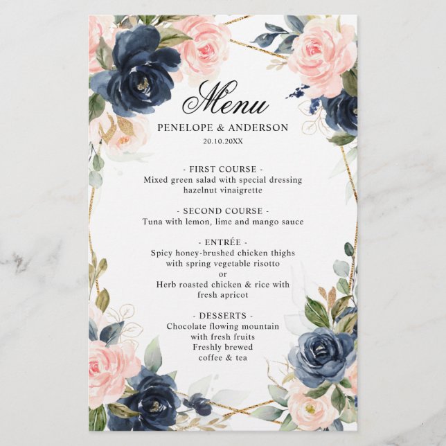 Navy Dusty Blue  Blush Geometric Wedding Menu (Front)