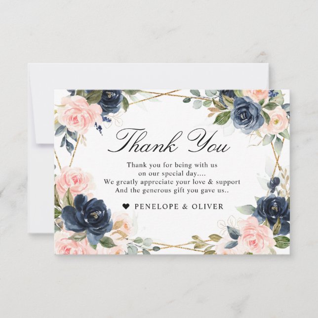 Navy Dusty Blue  Blush Geometric Wedding Thank You Card (Front)