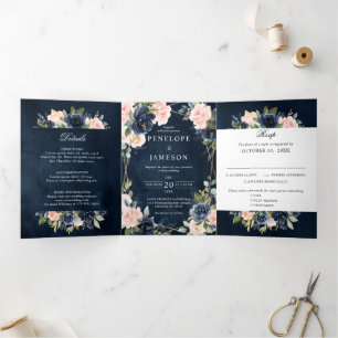 Navy Dusty Blue  Blush Geometric Wedding Tri-Fold  Programme