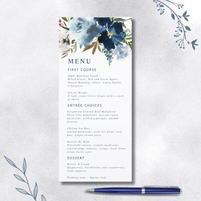 Navy & Dusty Blue Elegant Floral Watercolor Menu (Creator Uploaded)