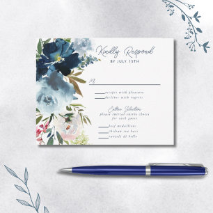 Navy & Dusty Blue Elegant Floral Watercolor RSVP Card