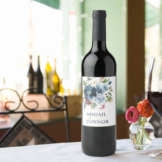 Navy & Dusty Blue Elegant Floral Watercolor Wine Label (Creator Uploaded)