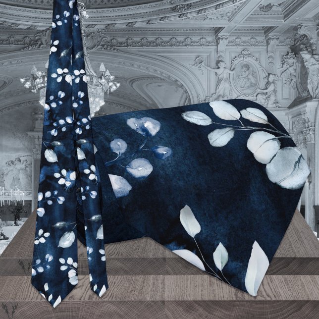 Navy & Dusty Blue Eucalyptus Greenery Wedding Tie (Creator Uploaded)