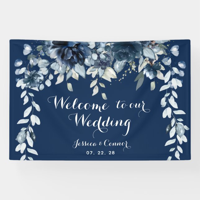 Navy Dusty Blue Eucalyptus Welcome To Our Wedding Banner (Horizontal)
