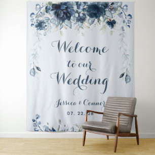 Navy Dusty Blue Eucalyptus Welcome To Our Wedding Tapestry