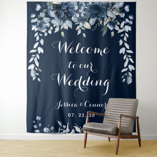 Navy Dusty Blue Eucalyptus Welcome To Our Wedding Tapestry (In Situ)