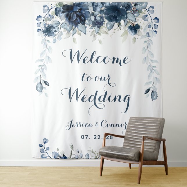 Navy Dusty Blue Eucalyptus Welcome To Our Wedding  Tapestry (In Situ)