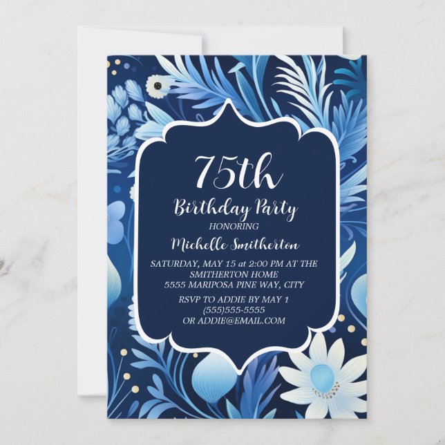 Navy Dusty Blue Floral 75th Birthday Invitation (Front)
