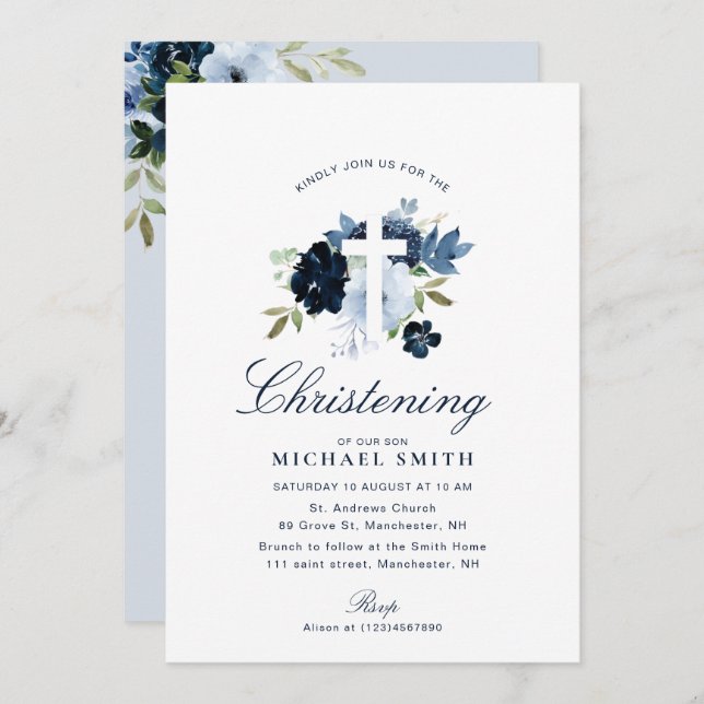 navy & dusty blue floral christening invitation (Front/Back)