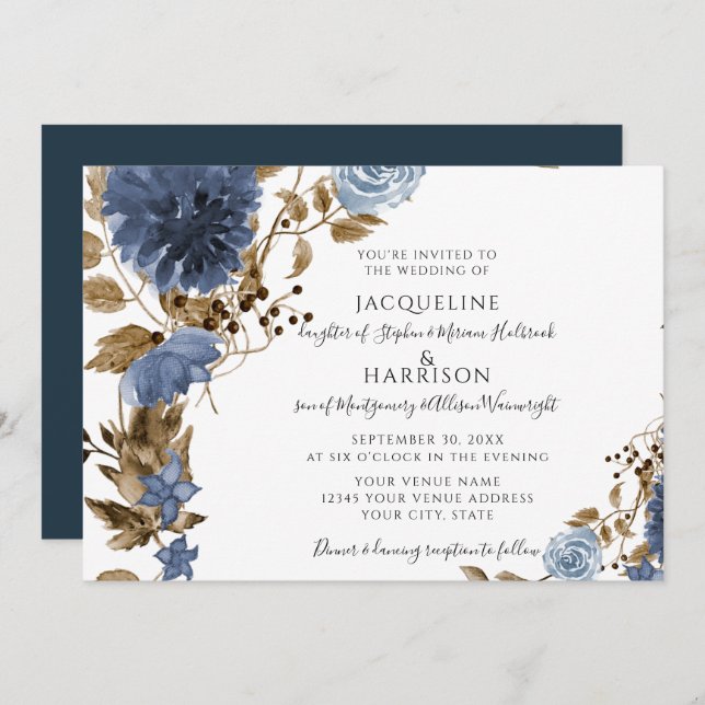 Navy Dusty Blue Floral Earthy Foliage Wedding Invitation (Front/Back)