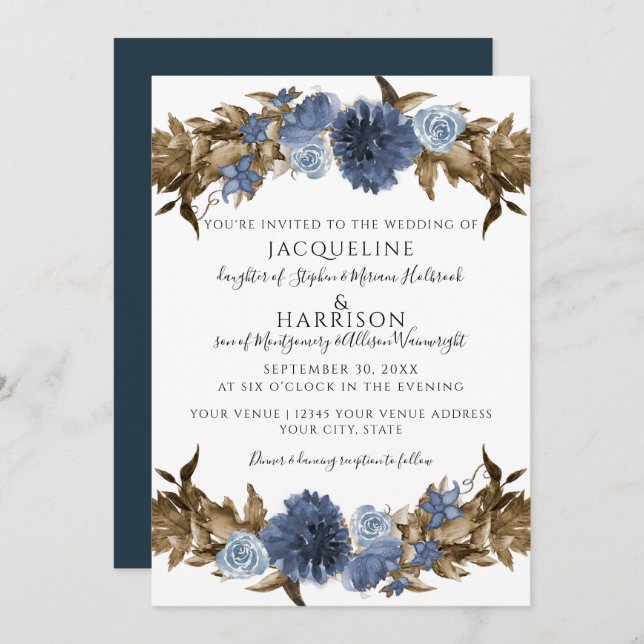 Navy Dusty Blue Floral Fall Sepia Greenery Wedding Invitation (Front/Back)