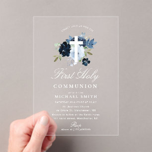 Navy & dusty blue floral first holy communion acrylic invitations
