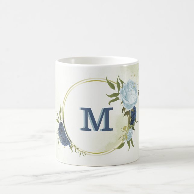 navy dusty blue floral greenery  coffee mug (Center)