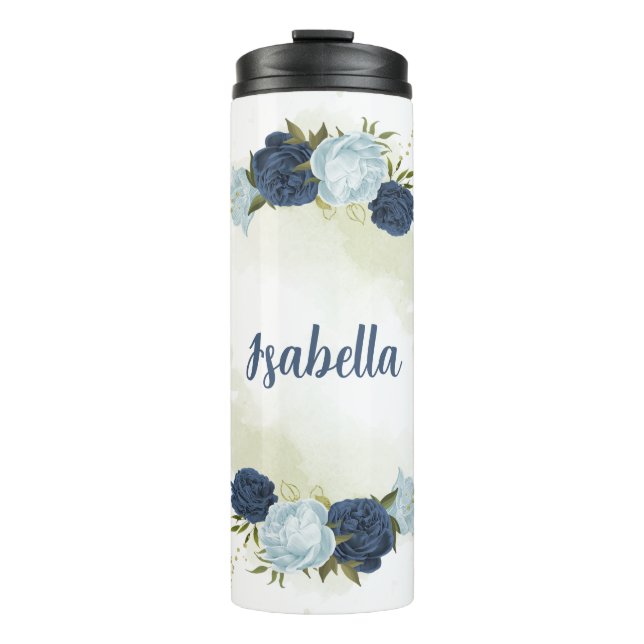 navy dusty blue floral greenery  thermal tumbler (Front)