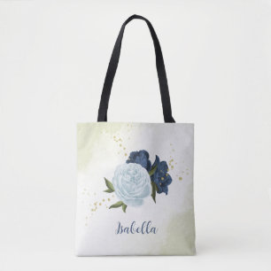 navy dusty blue floral greenery tote bag