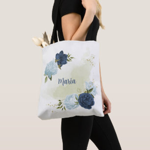 navy dusty blue floral greenery  tote bag