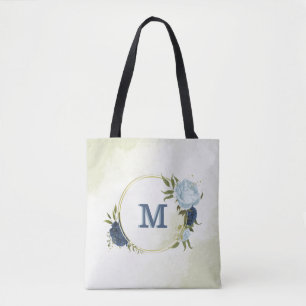 navy dusty blue floral greenery  tote bag