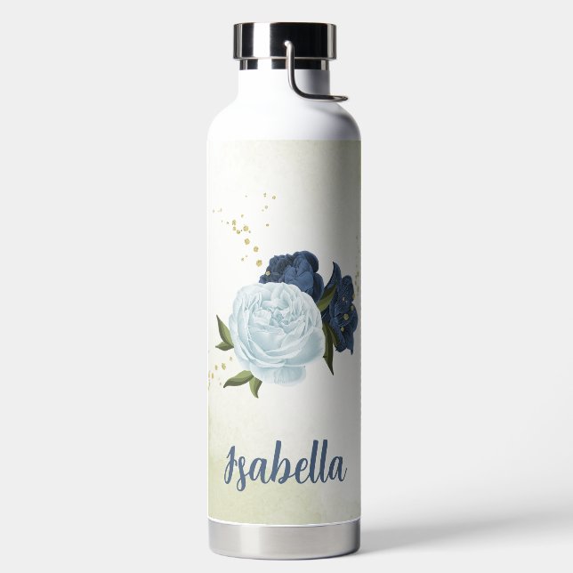 navy dusty blue floral greenery  water bottle (Left)