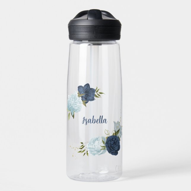 navy dusty blue floral greenery  water bottle (Front)