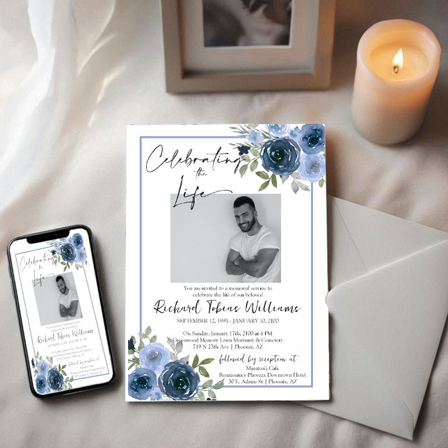 Navy Dusty Blue Floral Memorial Funeral Service Invitation (Creator Uploaded)