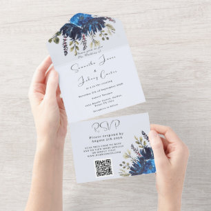 Navy & Dusty Blue Floral Photo Wedding All In One Invitation