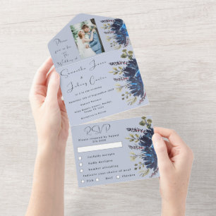 Navy & Dusty Blue Floral Photo Wedding All In One Invitation